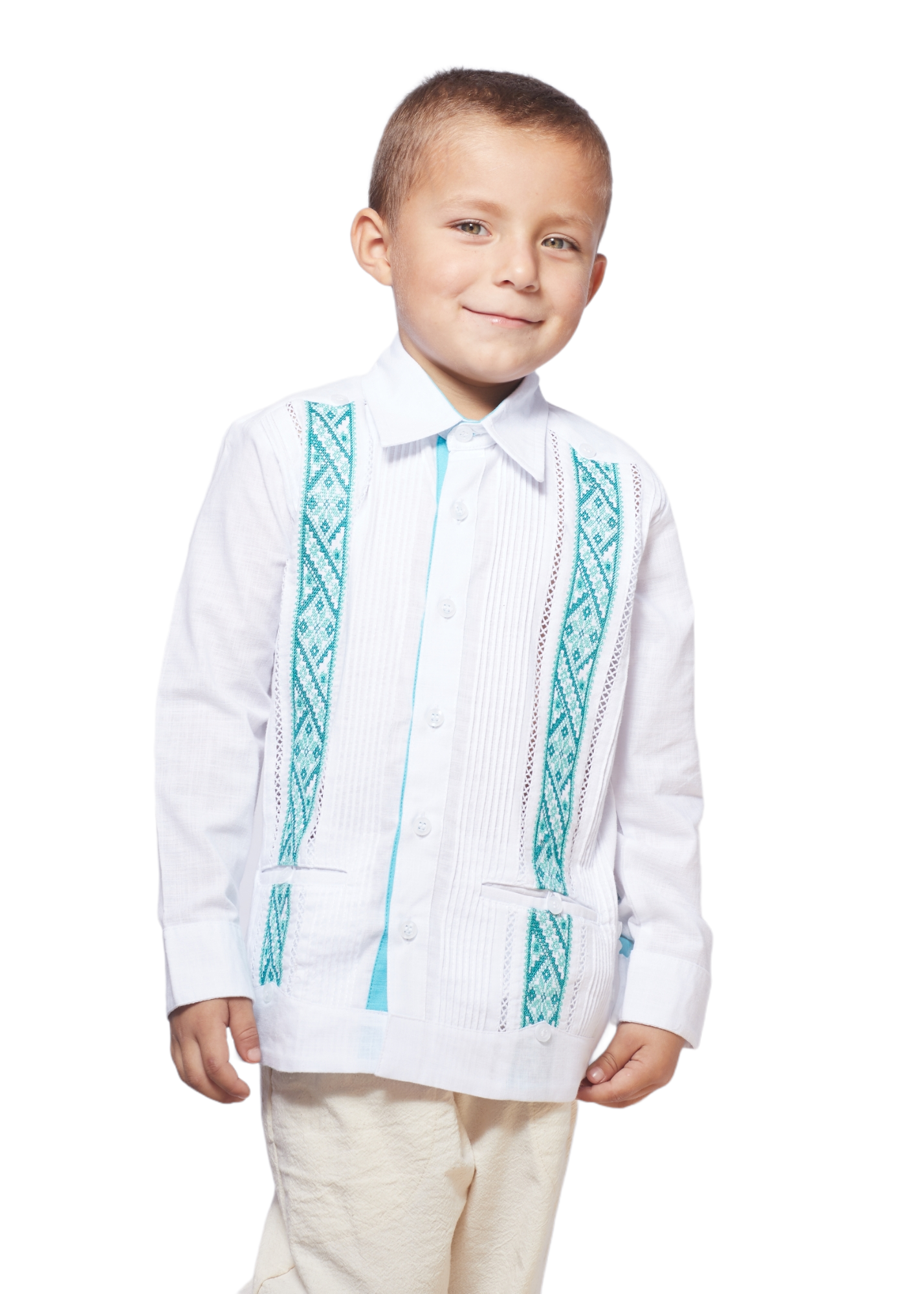 Boy Guayabera white with aqua green embroidery