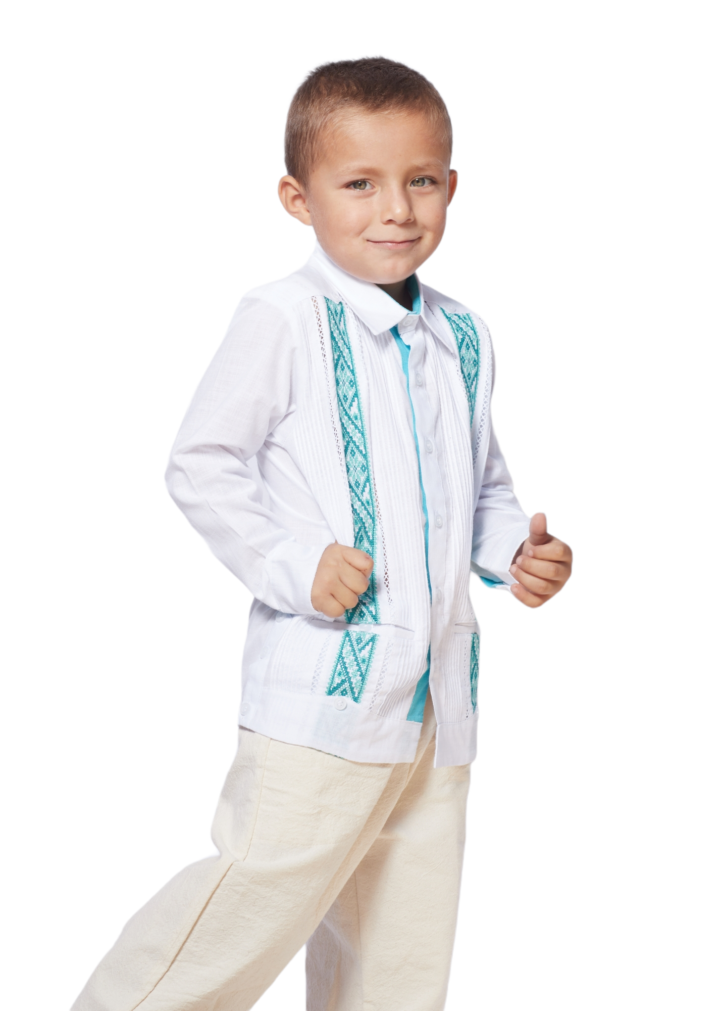 Boy Guayabera white with aqua green embroidery