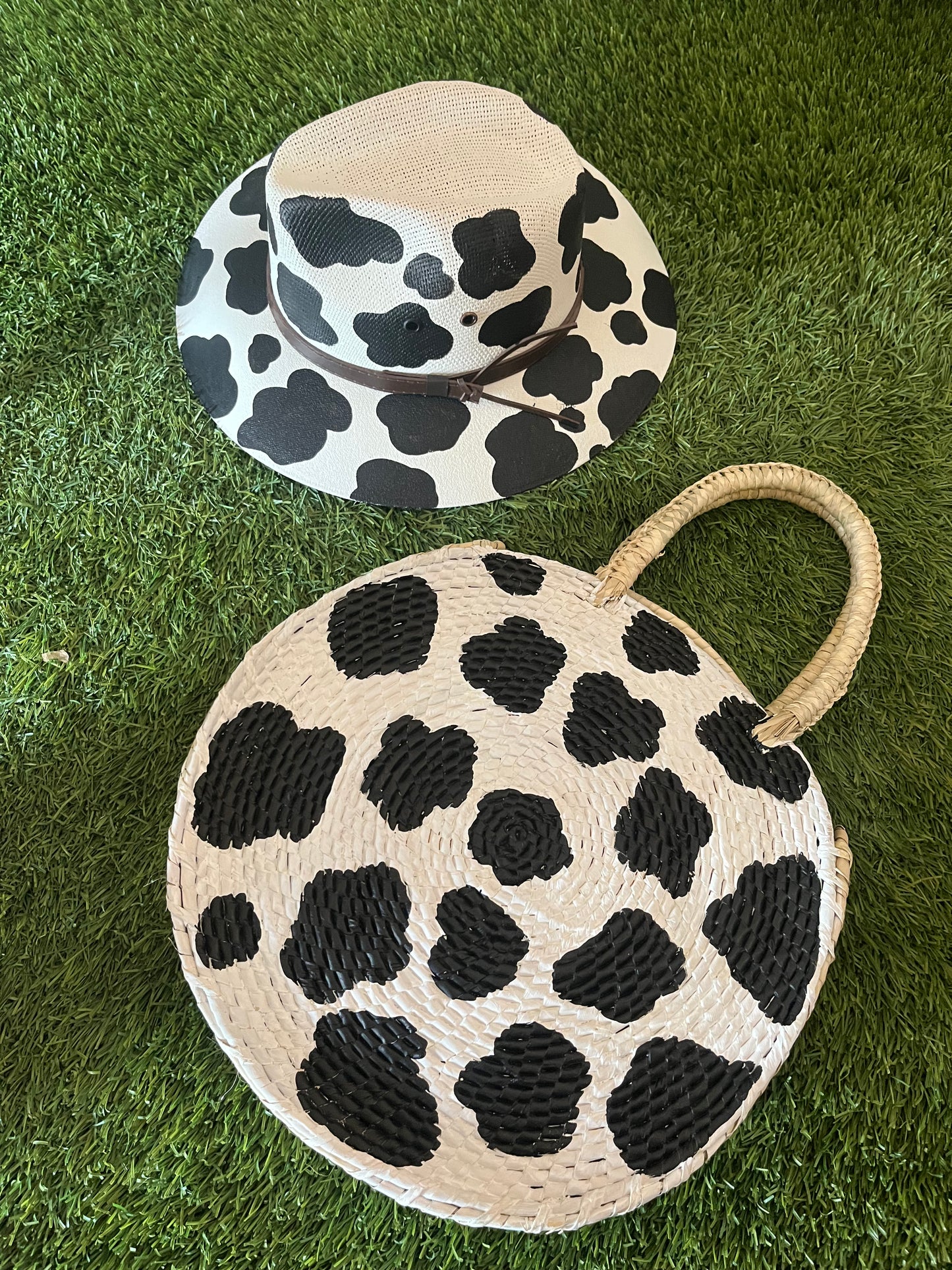 Cow print purses and hat