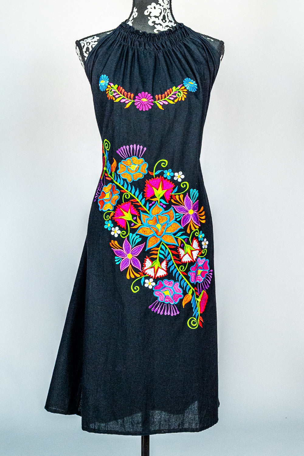 Black multi colored halter embroidered dress