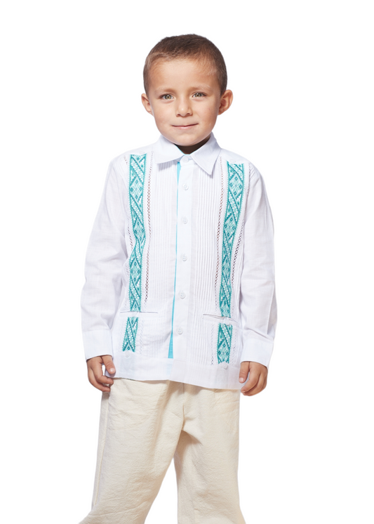 Boy Guayabera white with aqua green embroidery